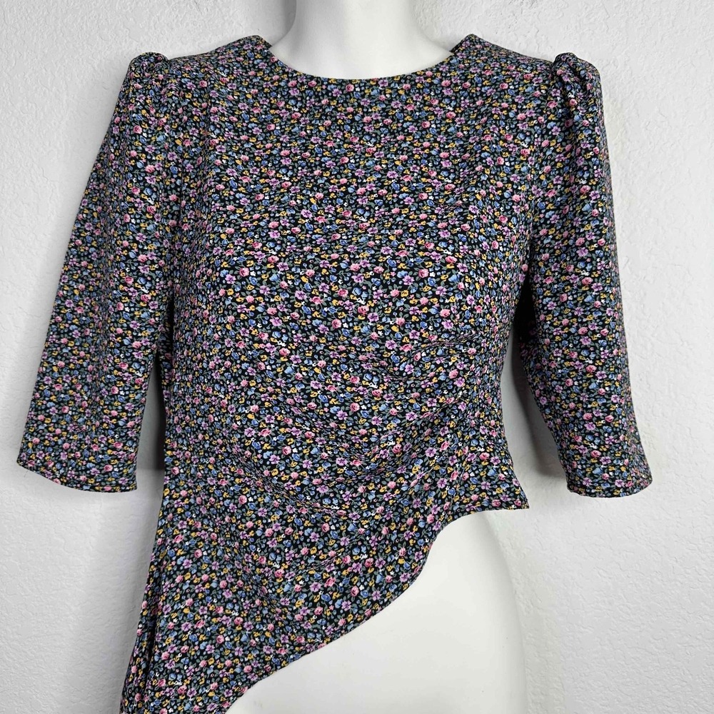 AFRM Shirt Women XS Floral Asymmetrical Puff Short Sleeve Crop Romantic Coquette